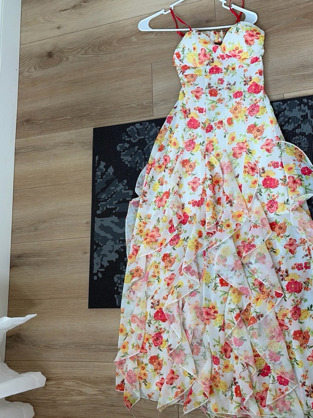 Floral Ruffle Maxi Dress - White with Pink & Yellow Roses